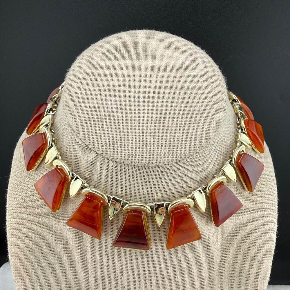 Vintage Charel Necklace‎ Gold Orange Thermoset Geometric Choker Collar 13"
